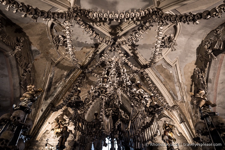 Chandelier made of bones inside the Bone Church- Sedlec Ossuary, Kutna Hora.