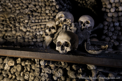 Skulls on display inside the Bone Church- Sedlec Ossuary, Kutna Hora.