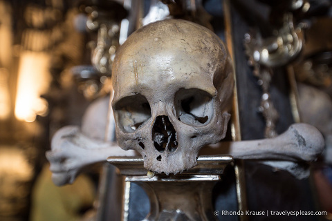 Skull on display inside the Bone Church- Sedlec Ossuary, Kutna Hora.