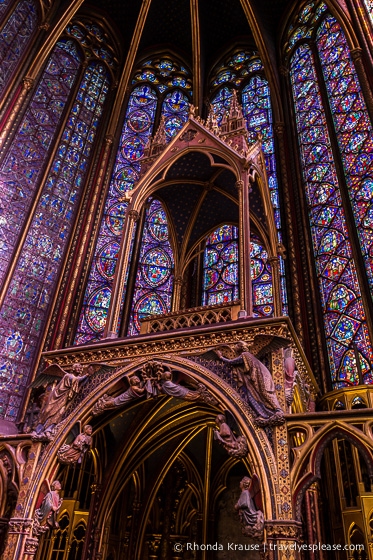 Stained glass inside Sainte-Chapelle, Paris.