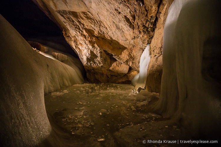 Small frozen waterfalls inside the ice cave.