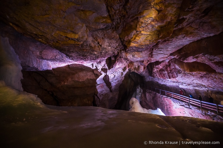 Purple light illuminating the inside of the Giant Dachstein Ice Cave.