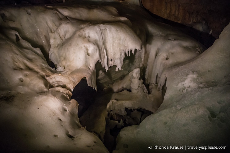 Looking down at the ice in a deep section of the cave.