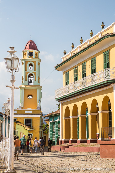 Bell tower and colourful buildings in Trinidad.