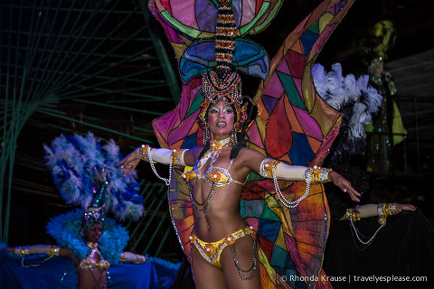 Dancer in a colourful butterfly costume.