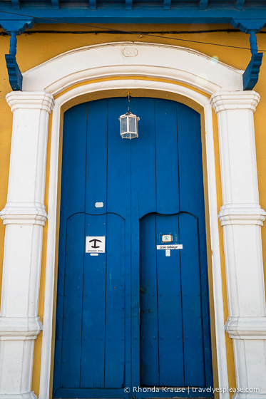 Tall blue doorway.