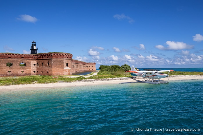 Sea plane in front of Fort Jefferson at  Tortugas National Park.