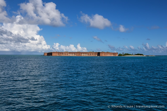 Dry Tortugas National Park and Fort Jefferson seen from a distance as the ferry approaches.