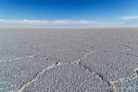 Crusty salt shapes and patterns at the Uyuni Salt Flats in Bolivia.