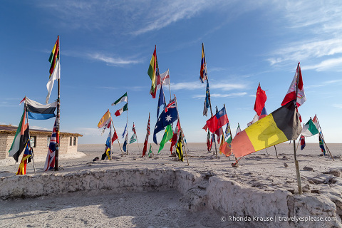 Flags at the salt hotel on the Uyuni Salt Flats in Bolivia.