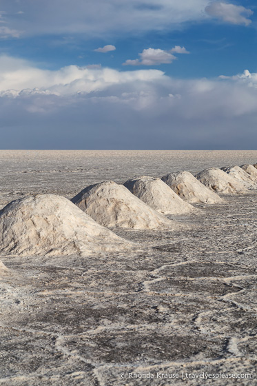 Piles of salt at the Uyuni Salt Flats in Bolivia.
