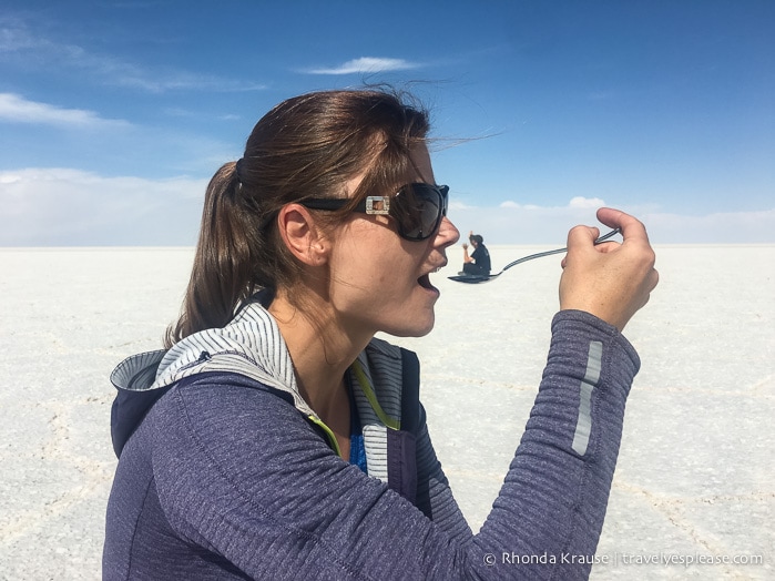 Having fun with forced perspective photos during a Salar de Uyuni tour.