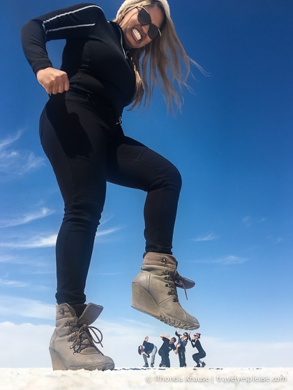 Having fun with forced perspective photos at the Uyuni Salt Flats in Bolivia.