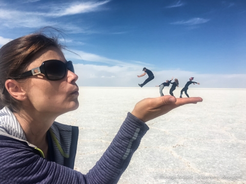 Having fun with forced perspective photos at the Uyuni Salt Flats in Bolivia.