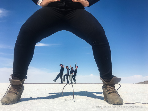Having fun with forced perspective photos during a Uyuni Salt Flat tour.