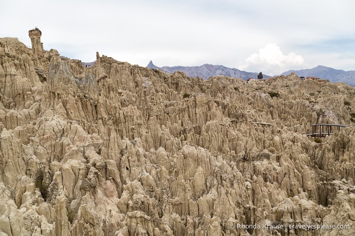 A wide view of tan coloured pinnacles in Moon Valley- La Paz, Bolivia