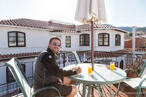 Enjoying breakfast on the rooftop patio of our hotel in Sucre.