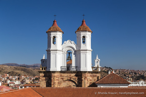White bell towers in Sucre, Bolivia.