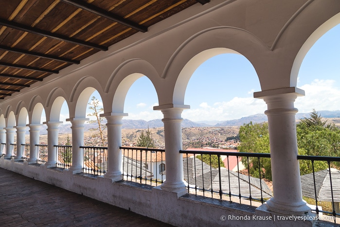 Colonnade at Plaza Anzurez in Sucre.