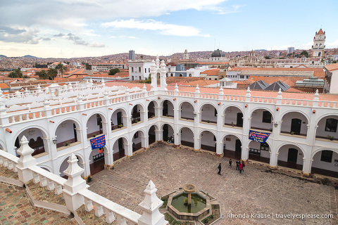 Looking down into the courtyard of the convent of San Felipe de Neri in Sucre.