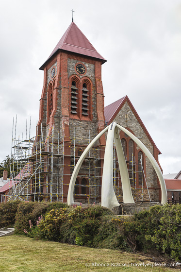 St Mary's Church and the Whalebone Arch seen during a cruise to the Falkland Islands