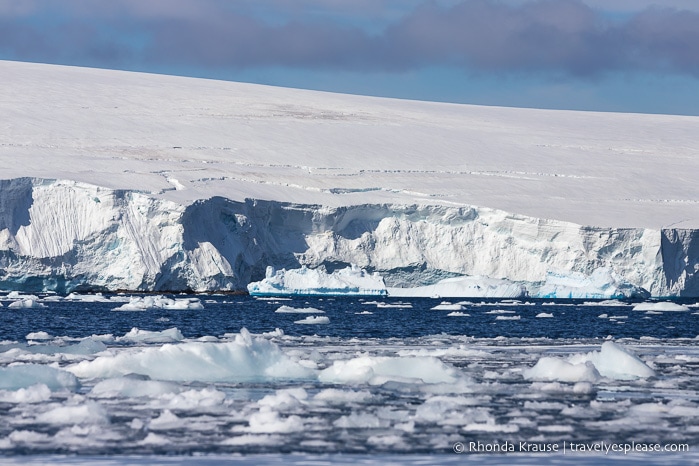 Glacier and brash ice seen on a cruise in Antarctica