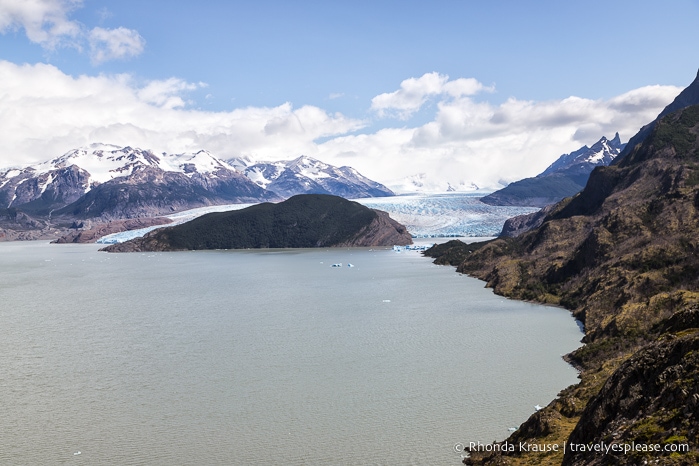 View from Mirador Lago Grey- Grey Glacier in the distance and Lago Grey in the foreground