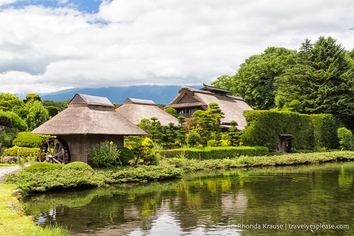 Thatched roof farmhouses and pond at Oshino Hakkai Village