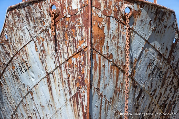 Rusty hull of the Petrel ship