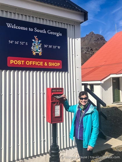 Mailing postcards at the Grytviken post office