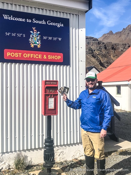 Mailing postcards at the Grytviken post office