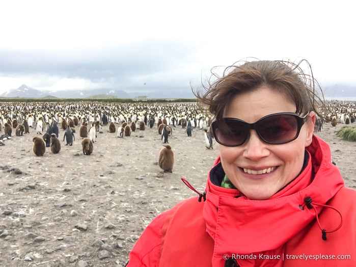 Selfie in front of the penguin colony at Salisbury Plain.