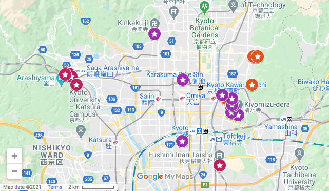 Kyoto itinerary map- Places to visit in Kyoto in 3 days.