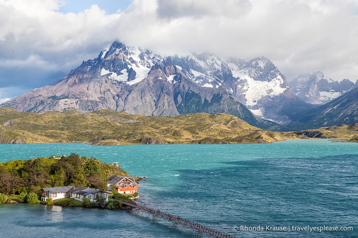 Lago Pehoe backed by mountains in Torres del Paine National Park.