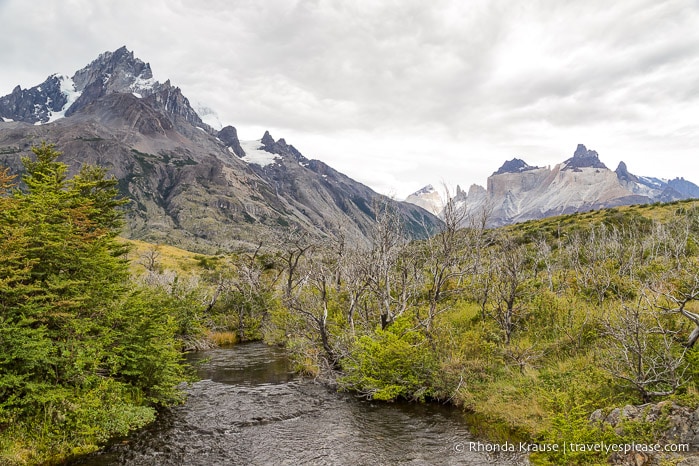 Scenery on the W Trek- river, mountains and grassy hills.