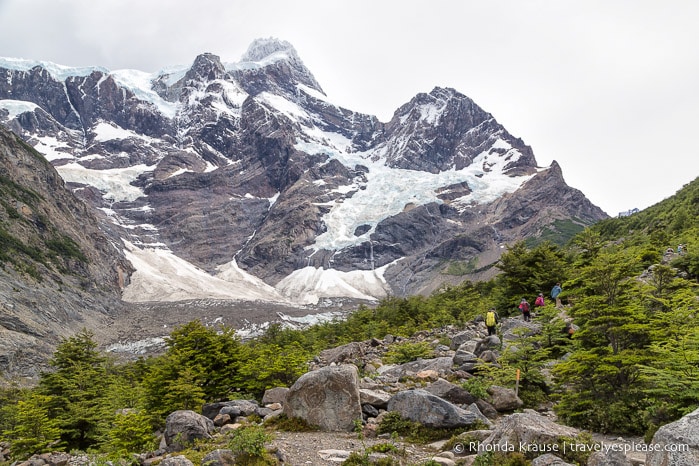 French Glacier and hikers in the valley.