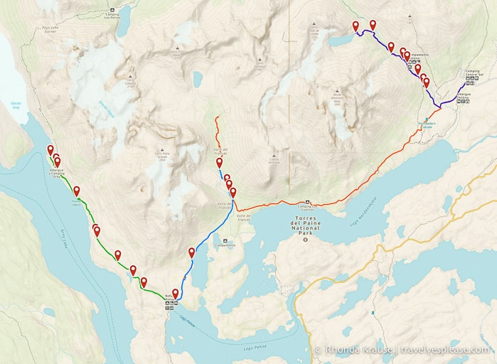 W Trek map with the W Trek day hikes.