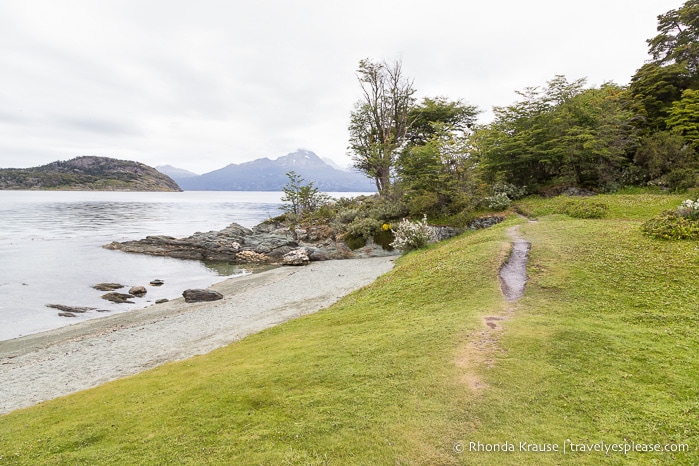 Trail crossing a meadow beside a beach.