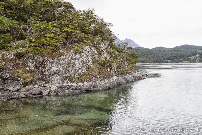 Rocky cliff on the coast of Lapataia Bay.