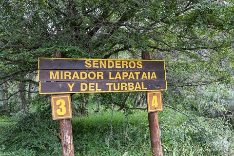 Senderos Mirador Lapataia and Del Turbal trailhead sign.