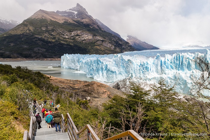 Walkway stairs in front of Perito Moreno Glacier.