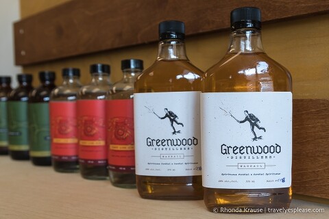 Bottles of wassail and gin at Greenwood Distillers.