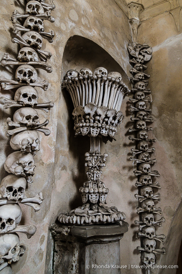 Skulls and bones on display inside the Church of Bones- Sedlec Ossuary, Kutna Hora.