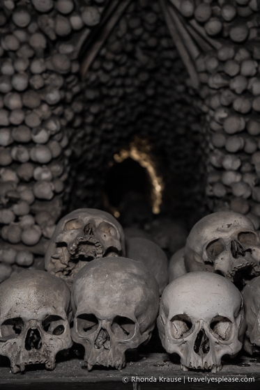 Skulls on display inside the Church of Bones- Sedlec Ossuary, Kutna Hora.