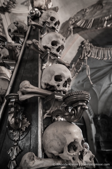 Skulls and bones on display inside the Bone Church- Sedlec Ossuary, Kutna Hora.