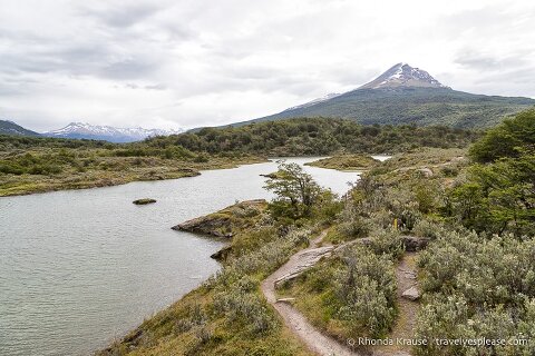 River, mountain and hiking trail in Tierra del Fuego National Park, Argentina.