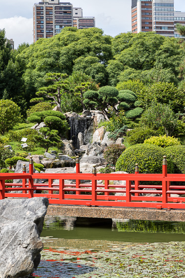 Flat bridge backed by trees and a small waterfall.