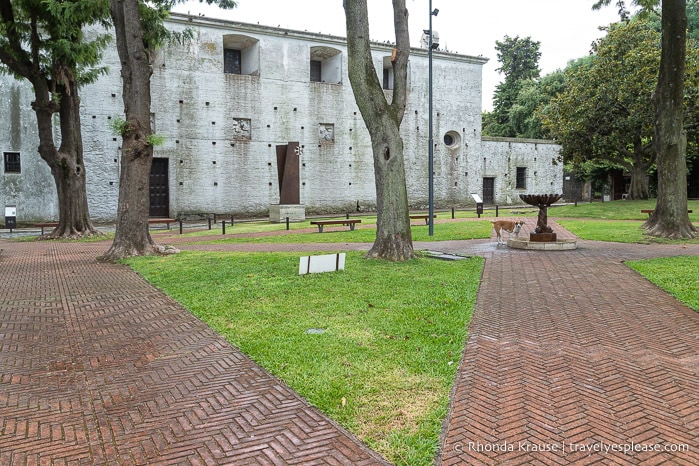 Brick walkways in a park beside the Basilica of the Holy Sacrament.