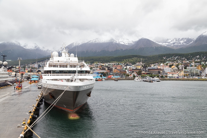 Antarctic cruise ship docked at the port in Ushuaia.