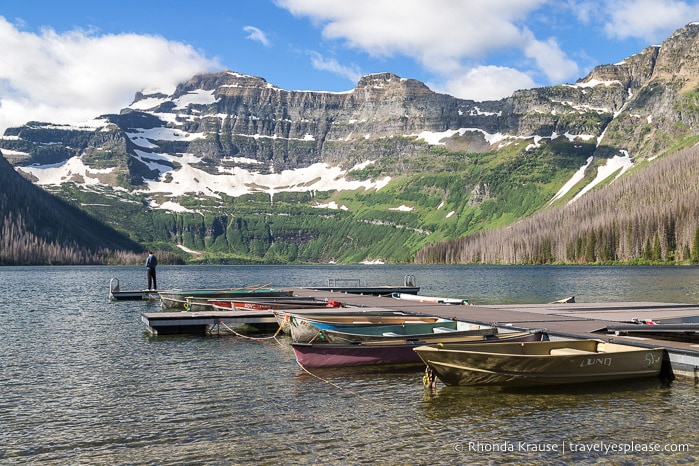 Canoes tied to the dock at Cameron Lake.